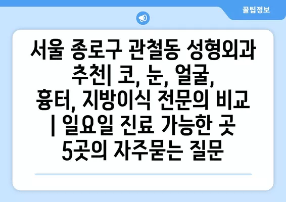 서울 종로구 관철동 성형외과 추천| 코, 눈, 얼굴, 흉터, 지방이식 전문의 비교 | 일요일 진료 가능한 곳 5곳